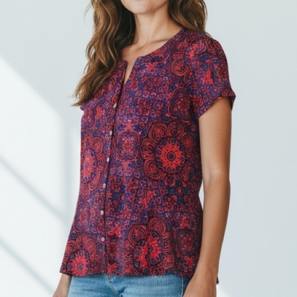 Dana Buchman Red and Blue Floral Blouse
